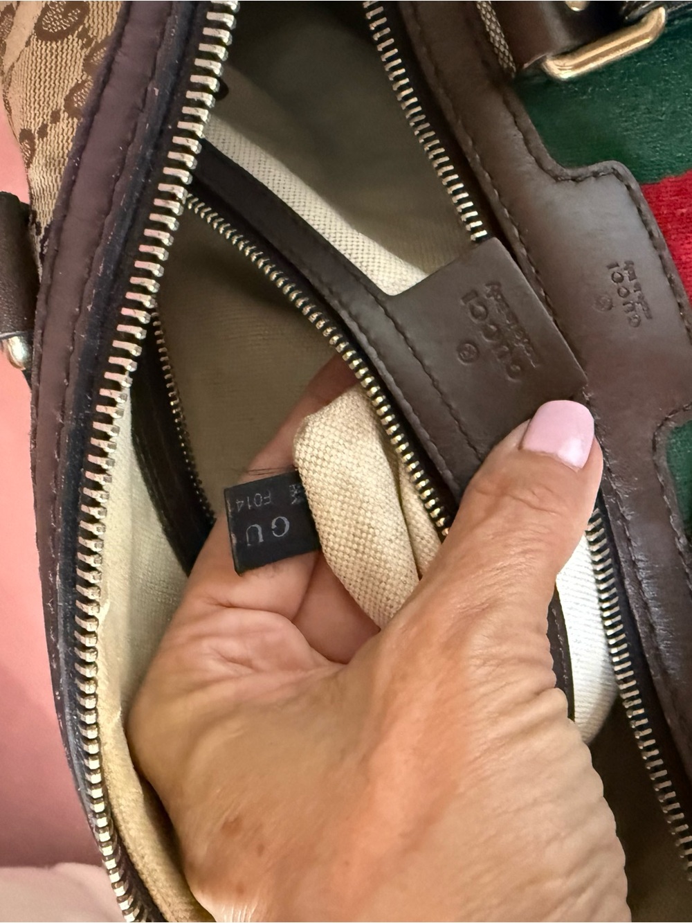 💯Auth! GUCCI Mono Canvas Boston Bag Green & Red Web Sherry Stripe Gold Hardware - Picture 13 of 17